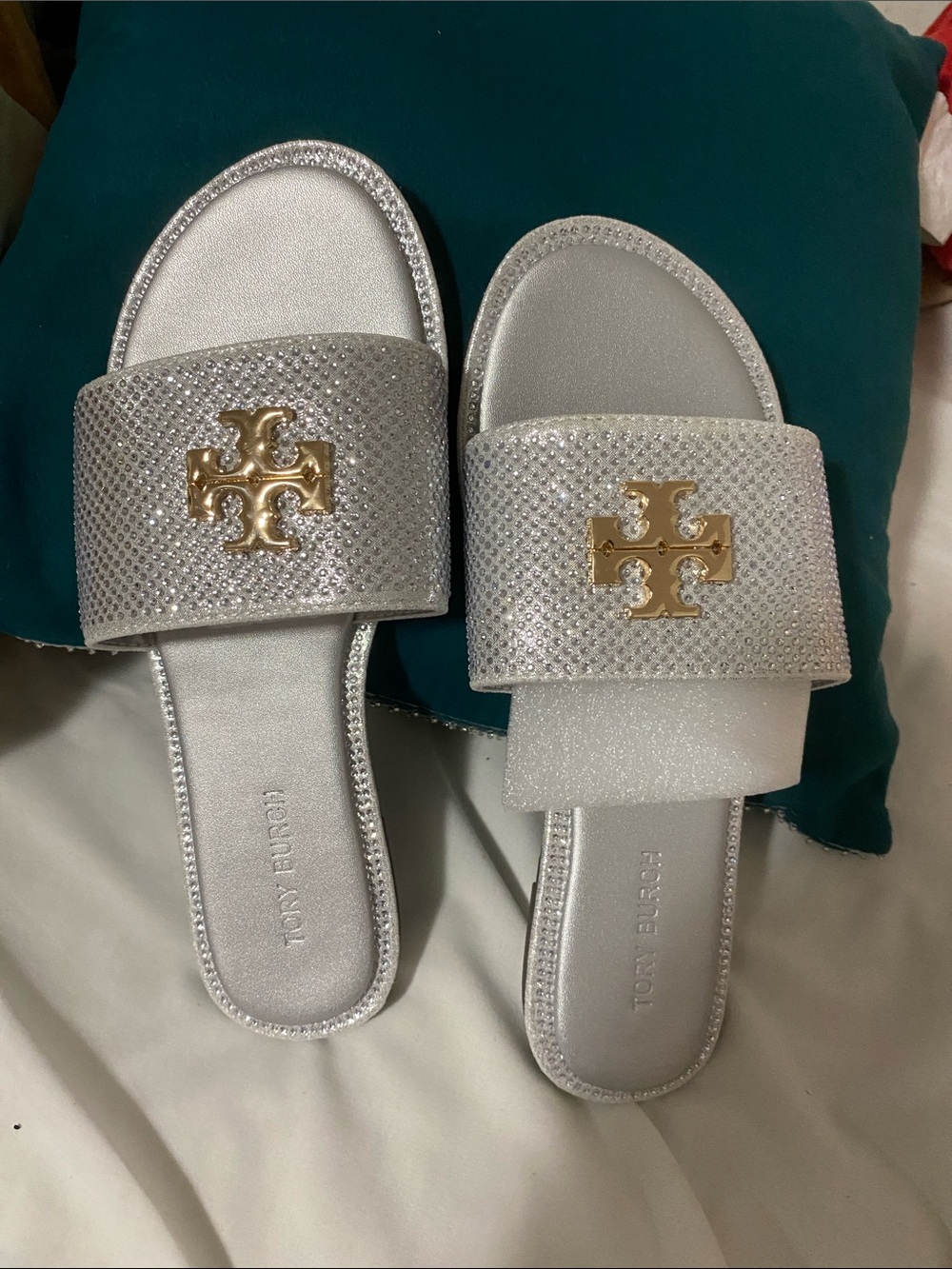 Tory Burch Silver Crystal-Embellished Logo Slide Sandals